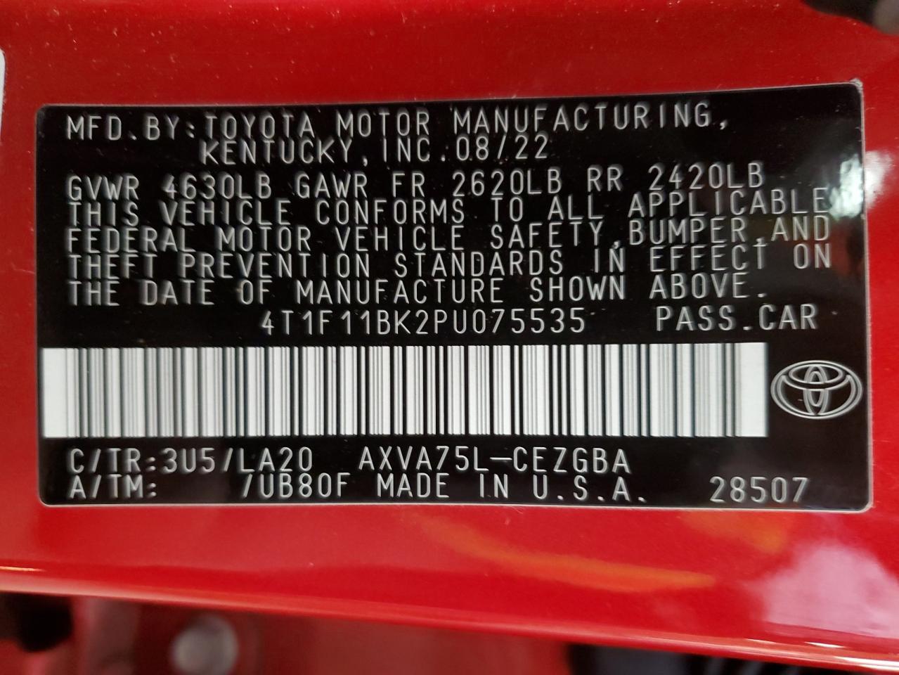 2023 TOYOTA CAMRY XLE VIN:4T1F11BK2PU075535