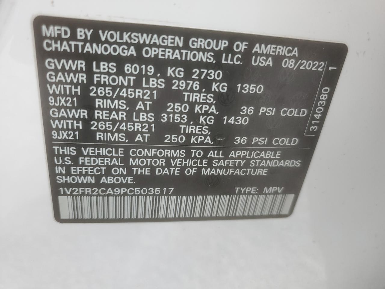 2023 VOLKSWAGEN ATLAS SEL PREMIUM R-LINE VIN:1V2FR2CA9PC503517