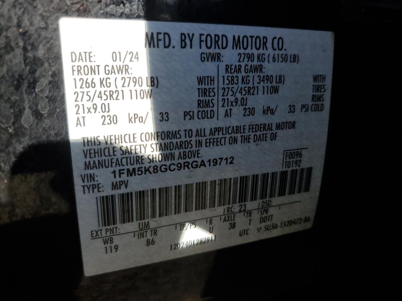 2024 FORD EXPLORER ST VIN:1FM5K8GC9RGA19712