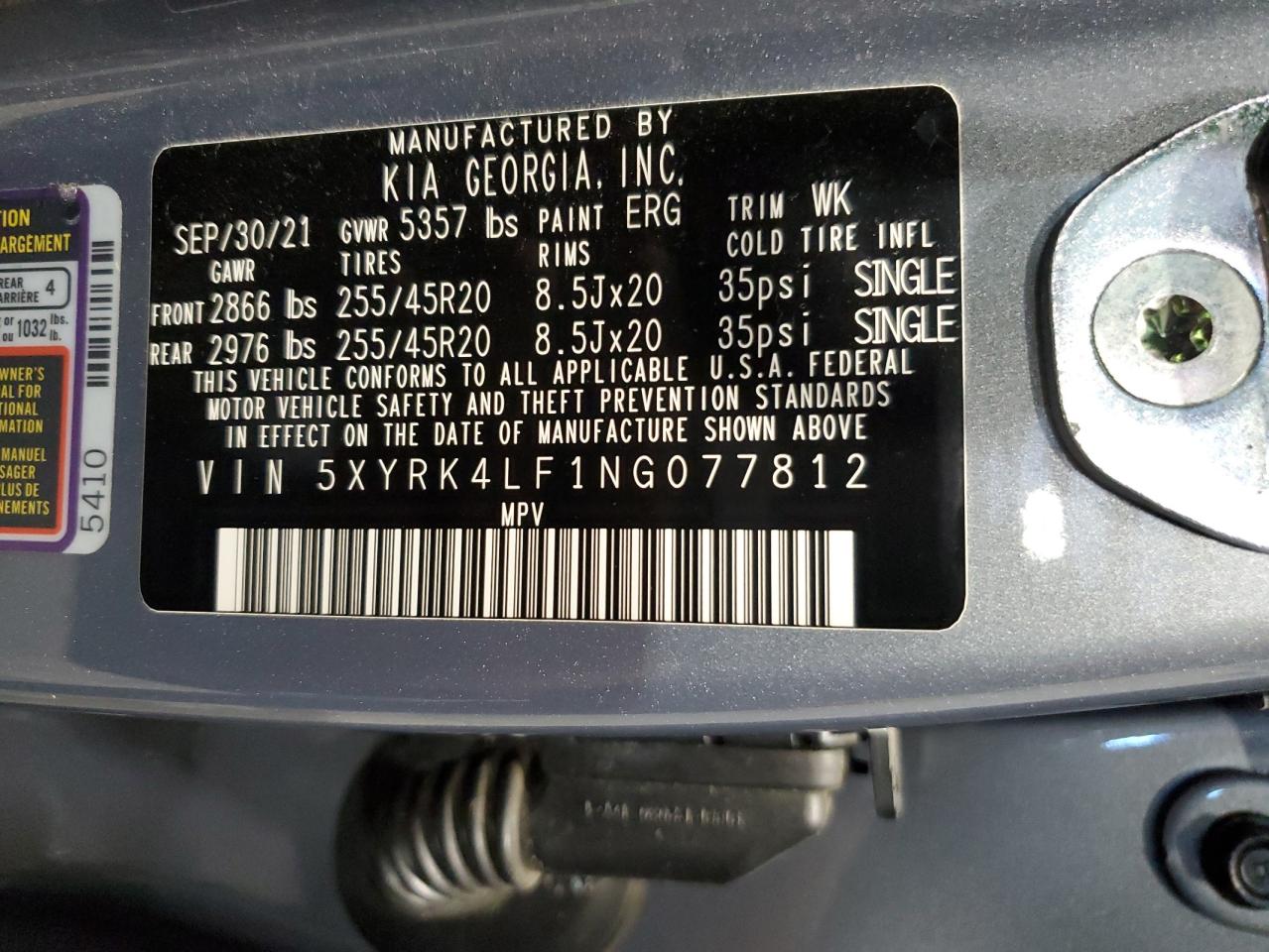 2022 KIA SORENTO SX VIN:5XYRK4LF1NG077812