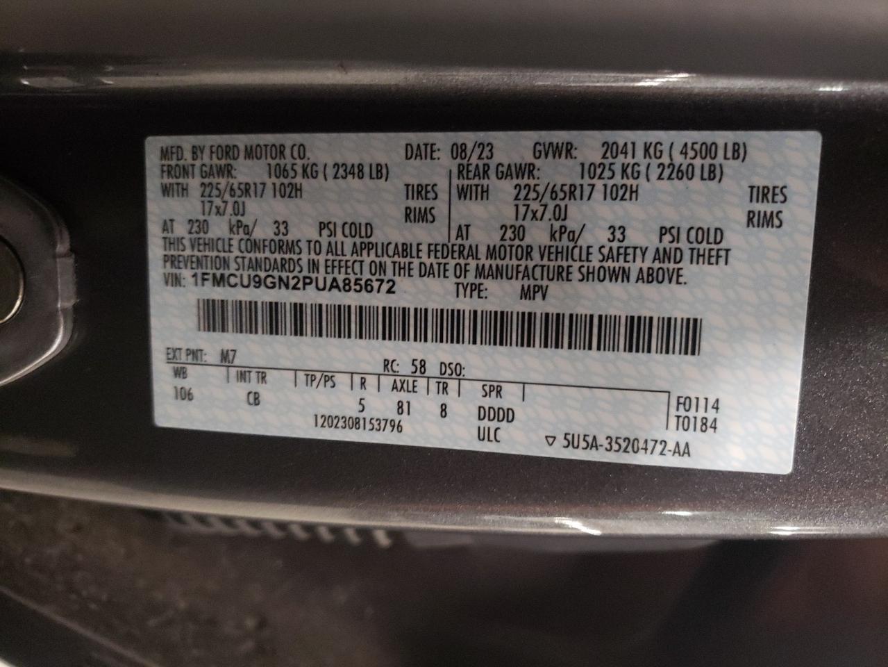 2023 FORD ESCAPE ACTIVE VIN:1FMCU9GN2PUA85672