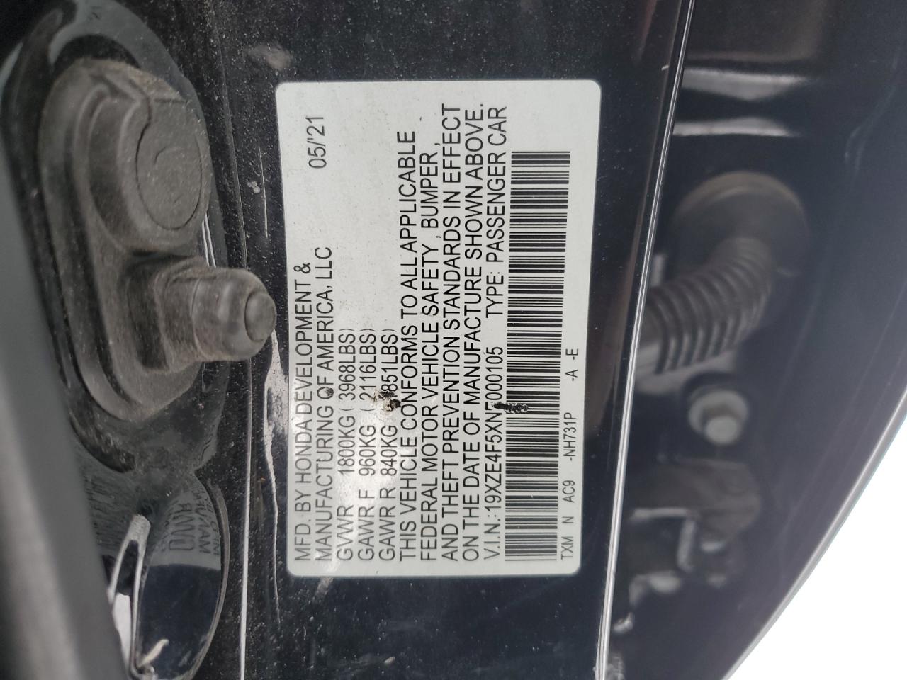 2022 HONDA INSIGHT EX VIN:19XZE4F5XNE000105