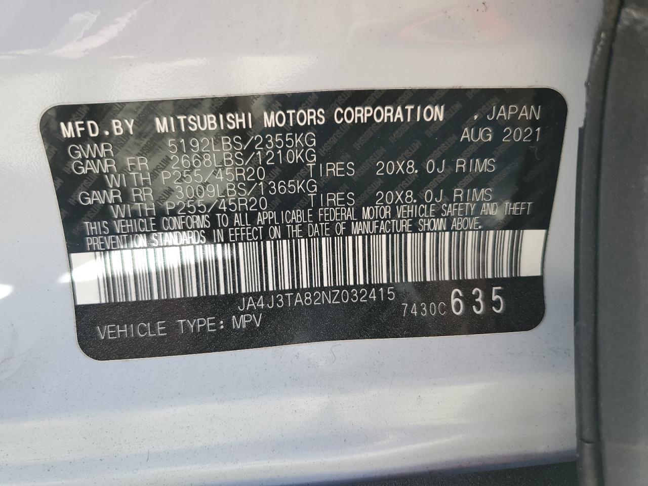 2022 MITSUBISHI OUTLANDER ES VIN:JA4J3TA82NZ032415