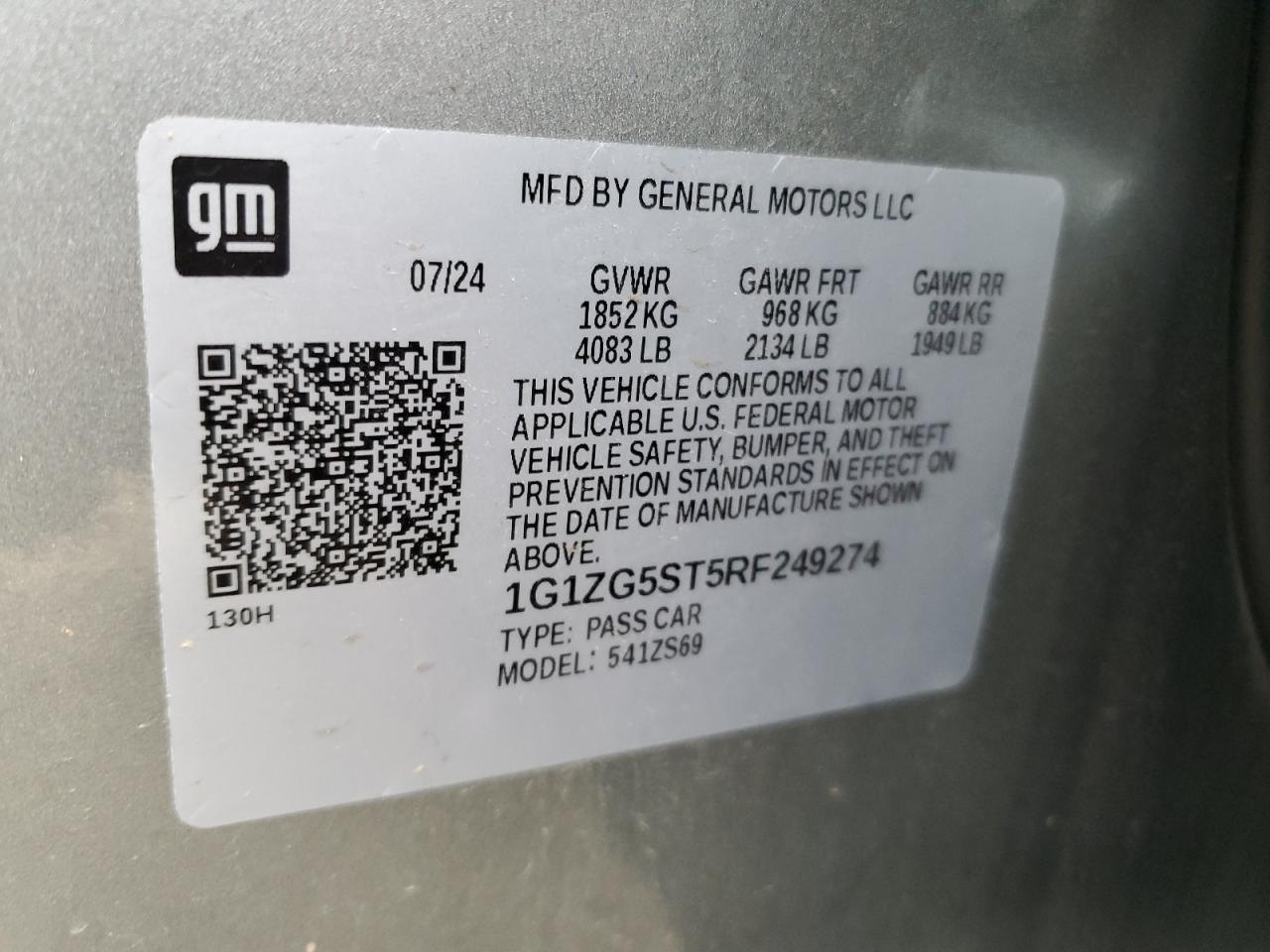 2024 CHEVROLET MALIBU RS VIN:1G1ZG5ST5RF249274