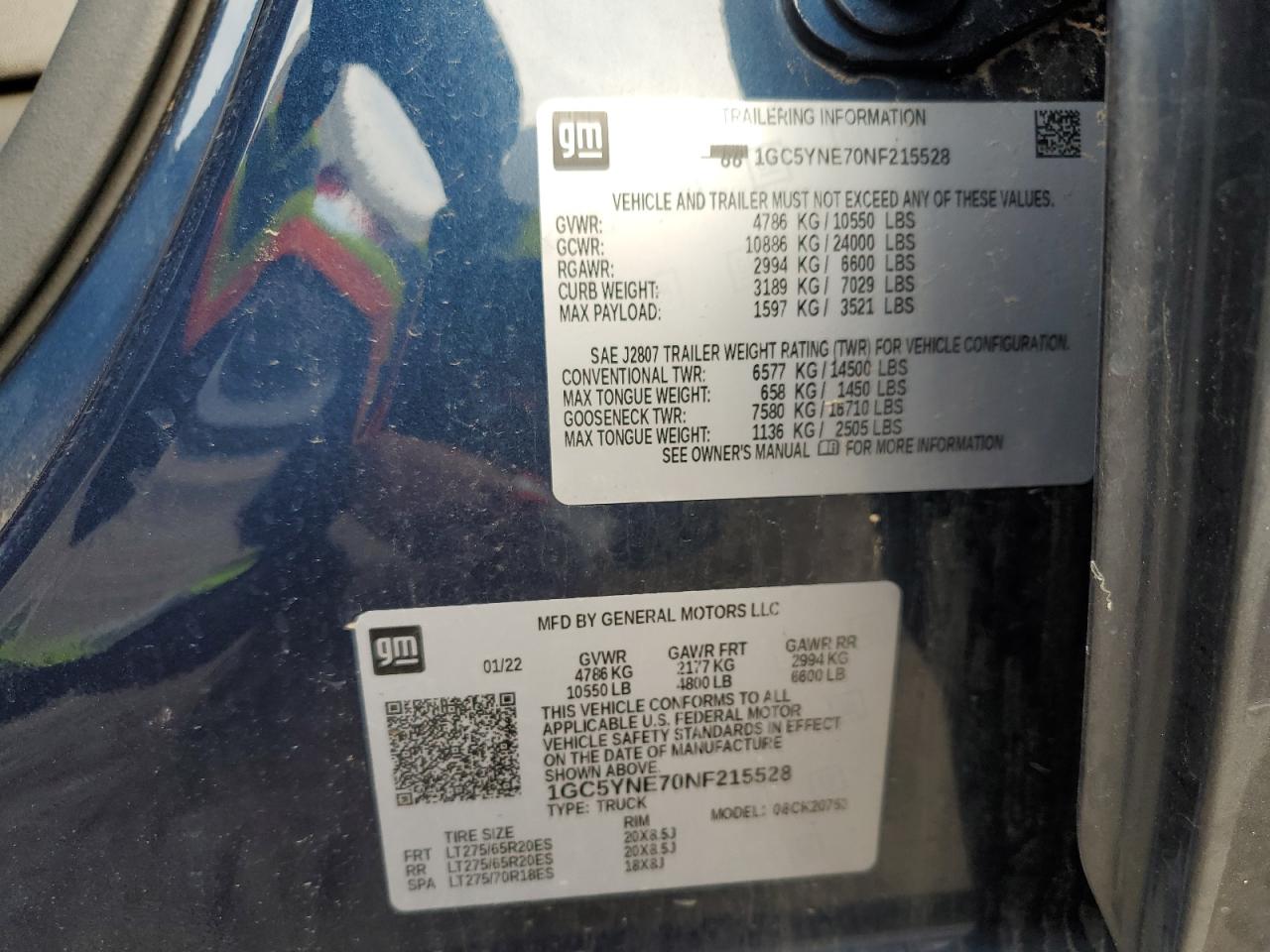 2022 CHEVROLET SILVERADO K2500 HEAVY DUTY LT VIN:1GC5YNE70NF215528