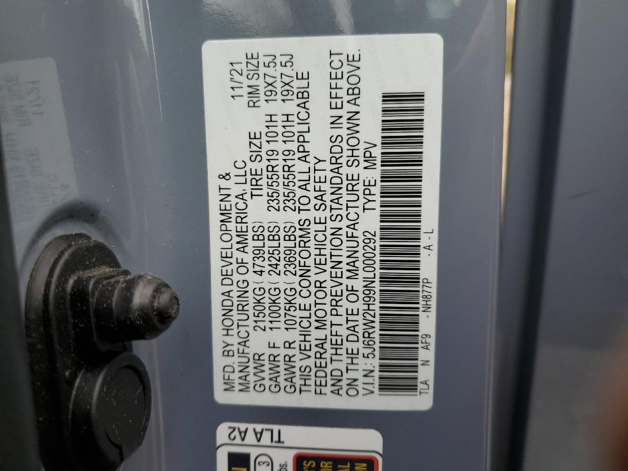 2022 HONDA CR-V TOURING VIN:5J6RW2H99NL000292