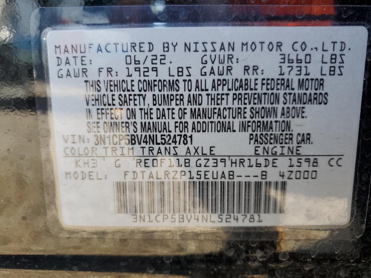 2022 NISSAN KICKS S VIN:KNDJP3A55F7181110
