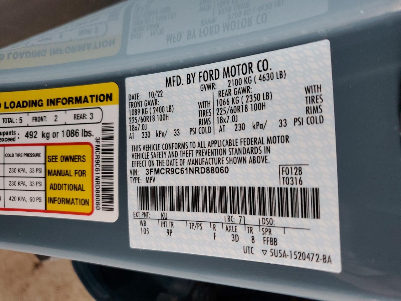 2022 FORD BRONCO SPORT OUTER BANKS VIN:3FMCR9C61NRD88060