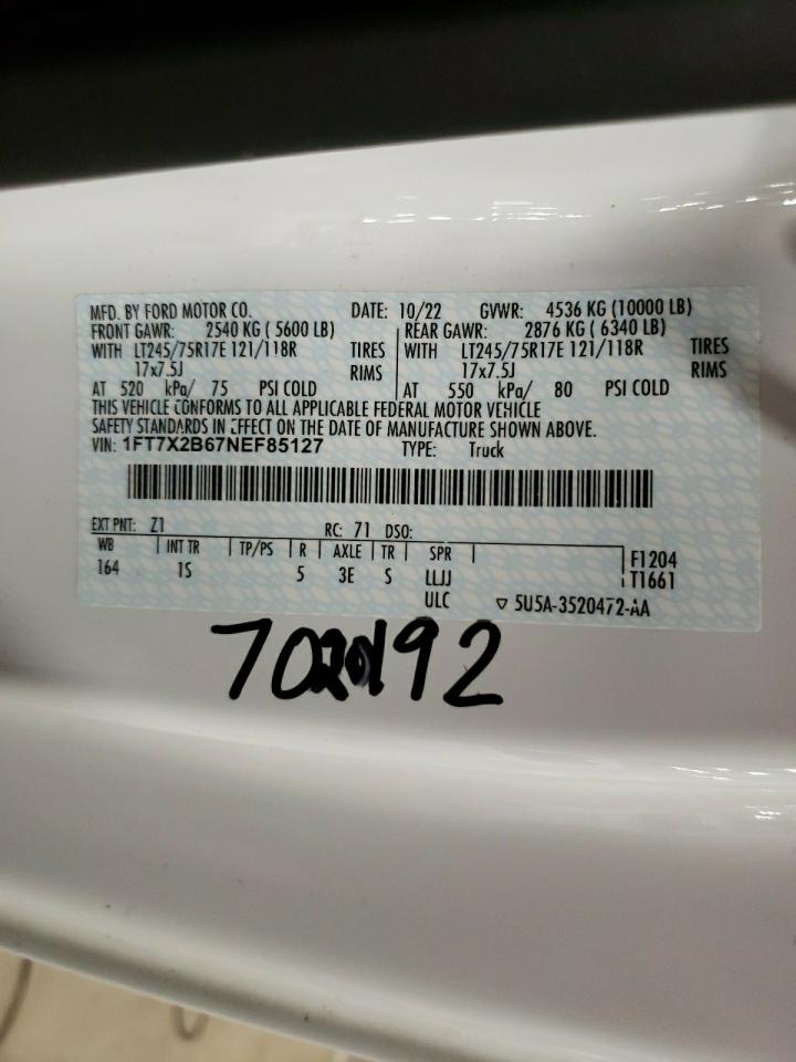 2022 FORD F250 SUPER DUTY VIN:1FT7X2B67NEF85127