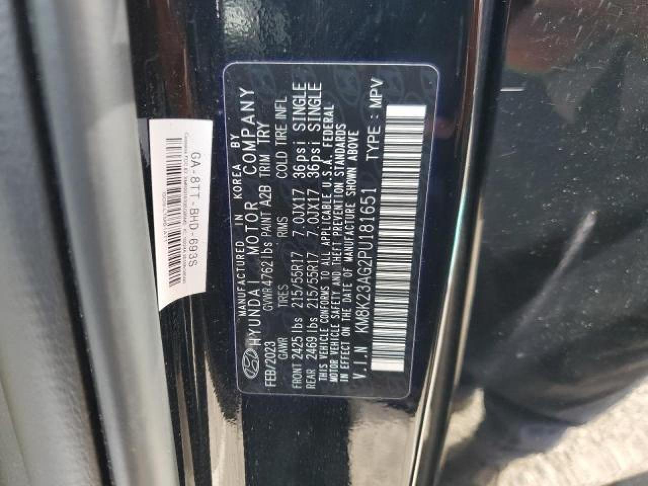 2023 HYUNDAI KONA SE VIN:KM8K23AG2PU181651