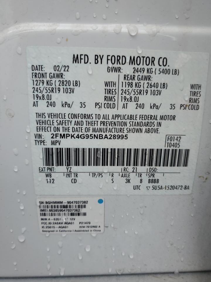 2022 FORD EDGE SE VIN:2FMPK4G95NBA28995
