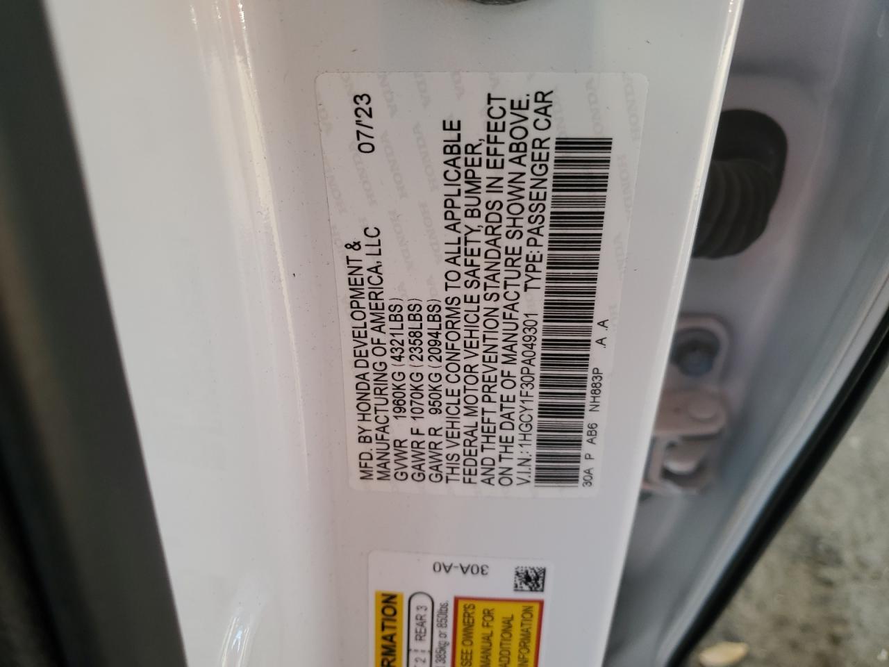 2023 HONDA ACCORD EX VIN:1HGCY1F30PA049301