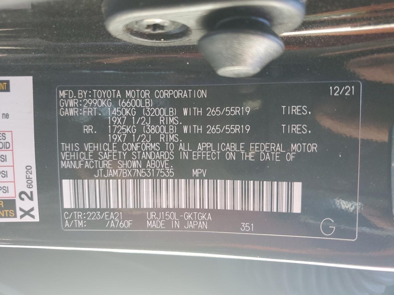 2022 LEXUS GX 460 VIN:JTJAM7BX7N5317535
