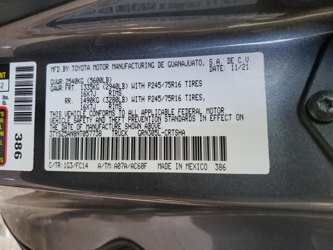 2022 TOYOTA TACOMA ACCESS CAB VIN:3TYSZ5AN8NT057738