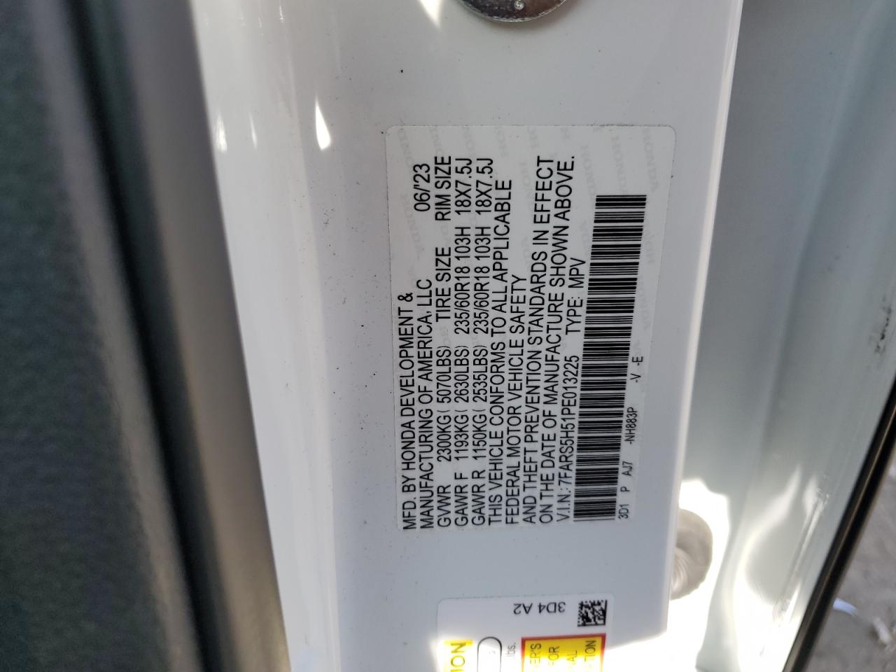 2023 HONDA CR-V SPORT VIN:7FARS5H51PE013225