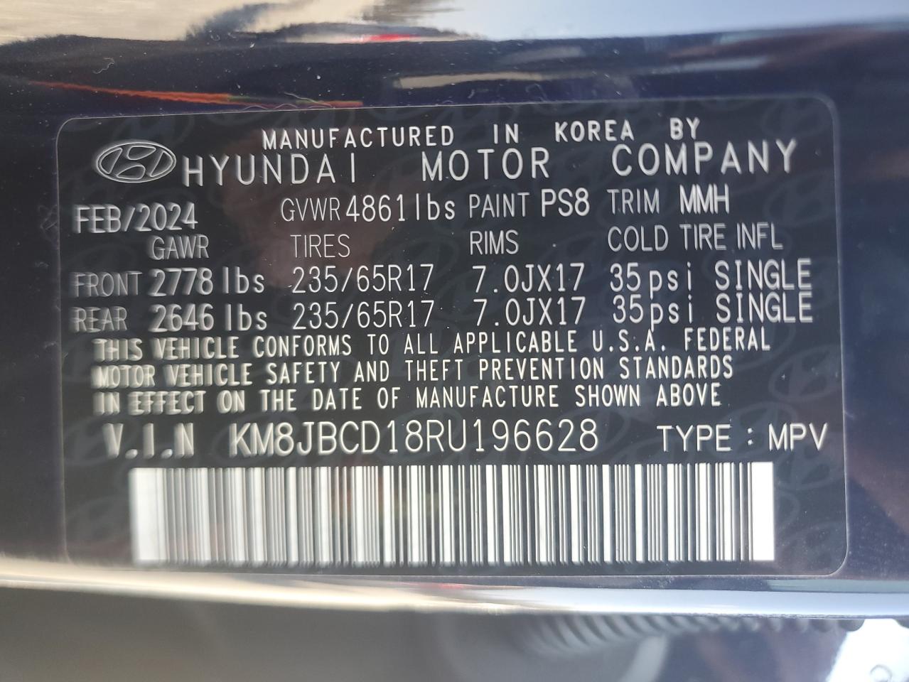 2024 HYUNDAI TUCSON BLUE VIN:KM8JBCD18RU196628