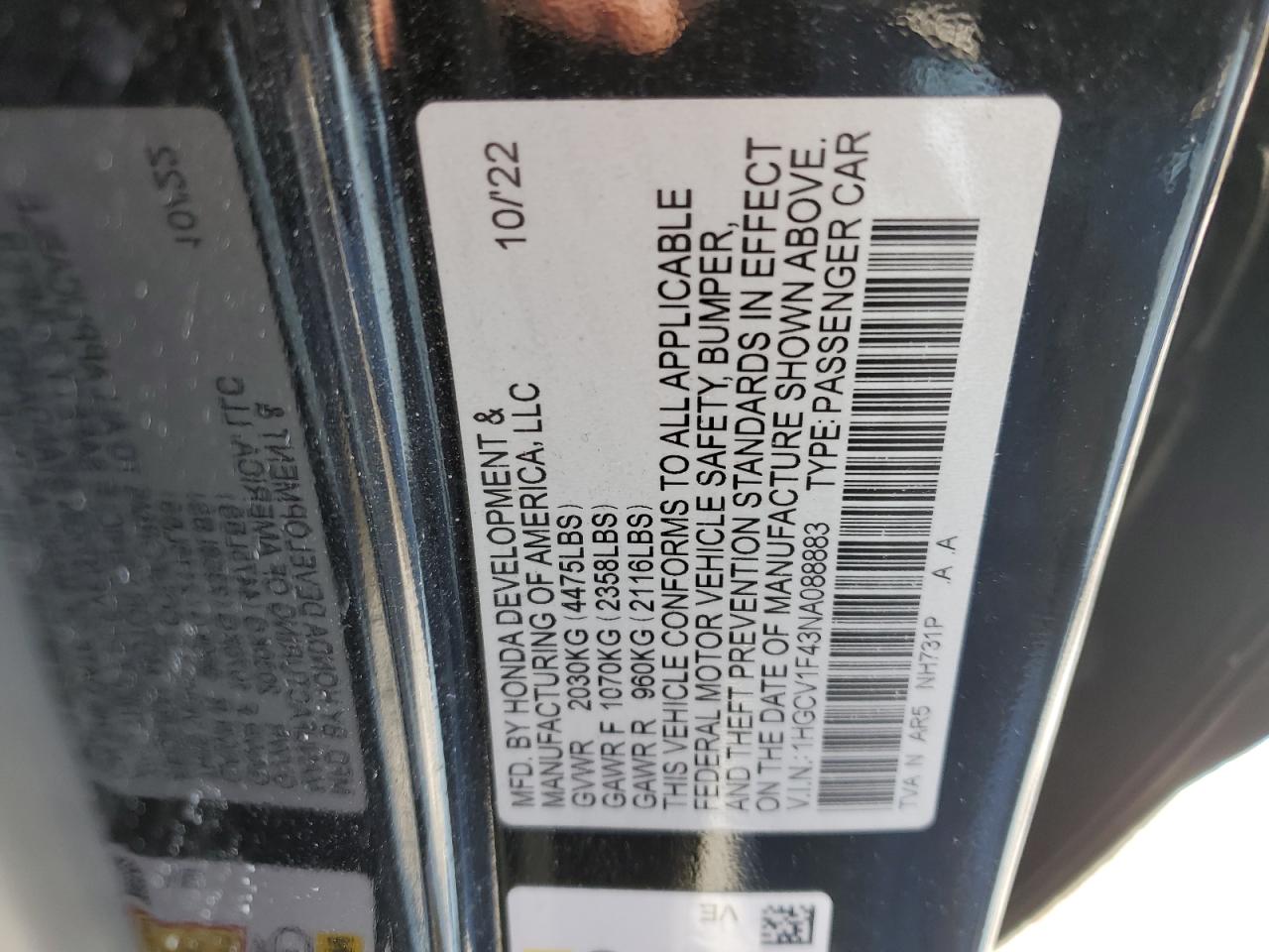 2022 HONDA ACCORD SPORT SE VIN:1HGCV1F43NA088883