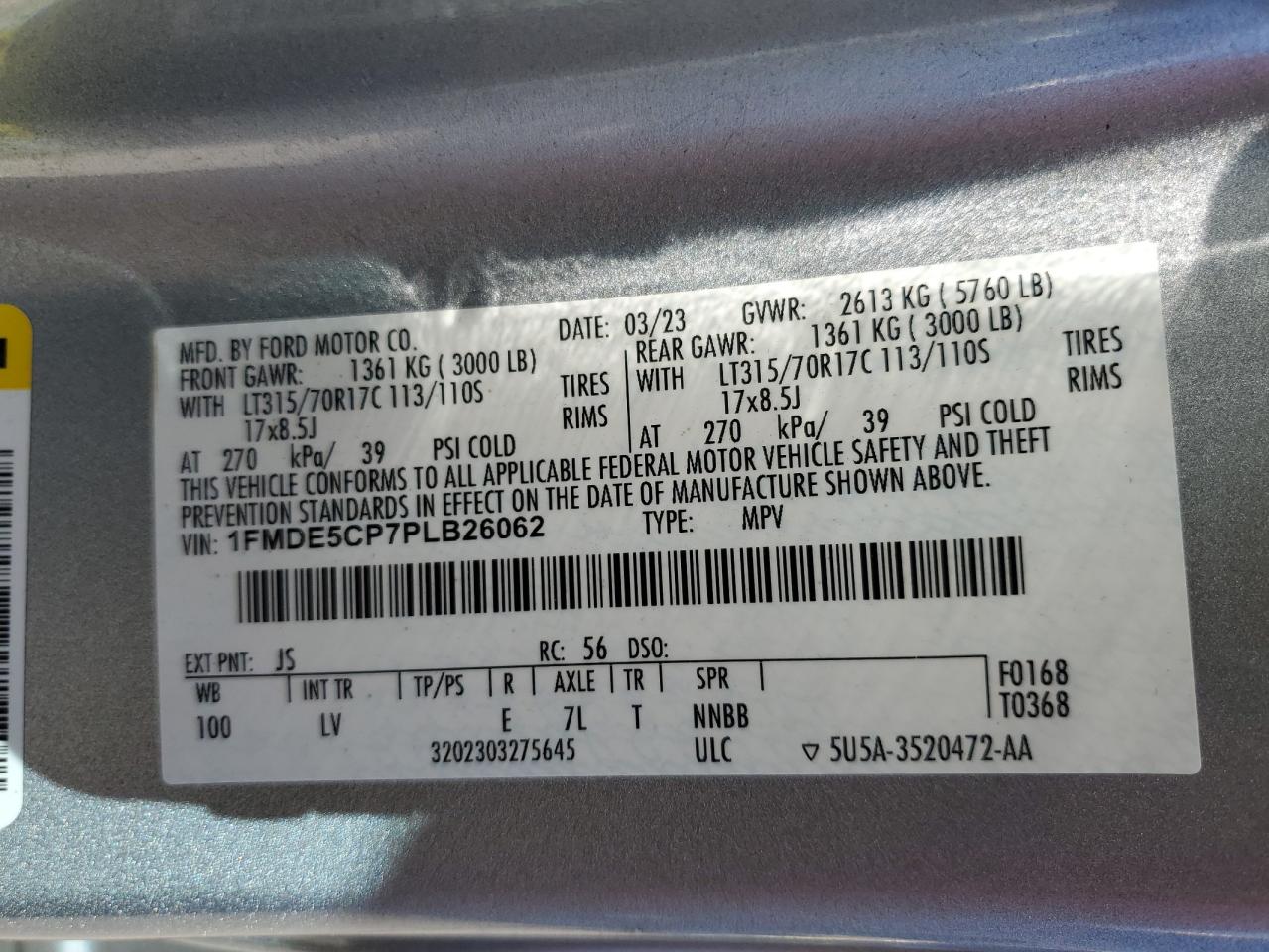 2023 FORD BRONCO BASE VIN:1FMDE5CP7PLB26062