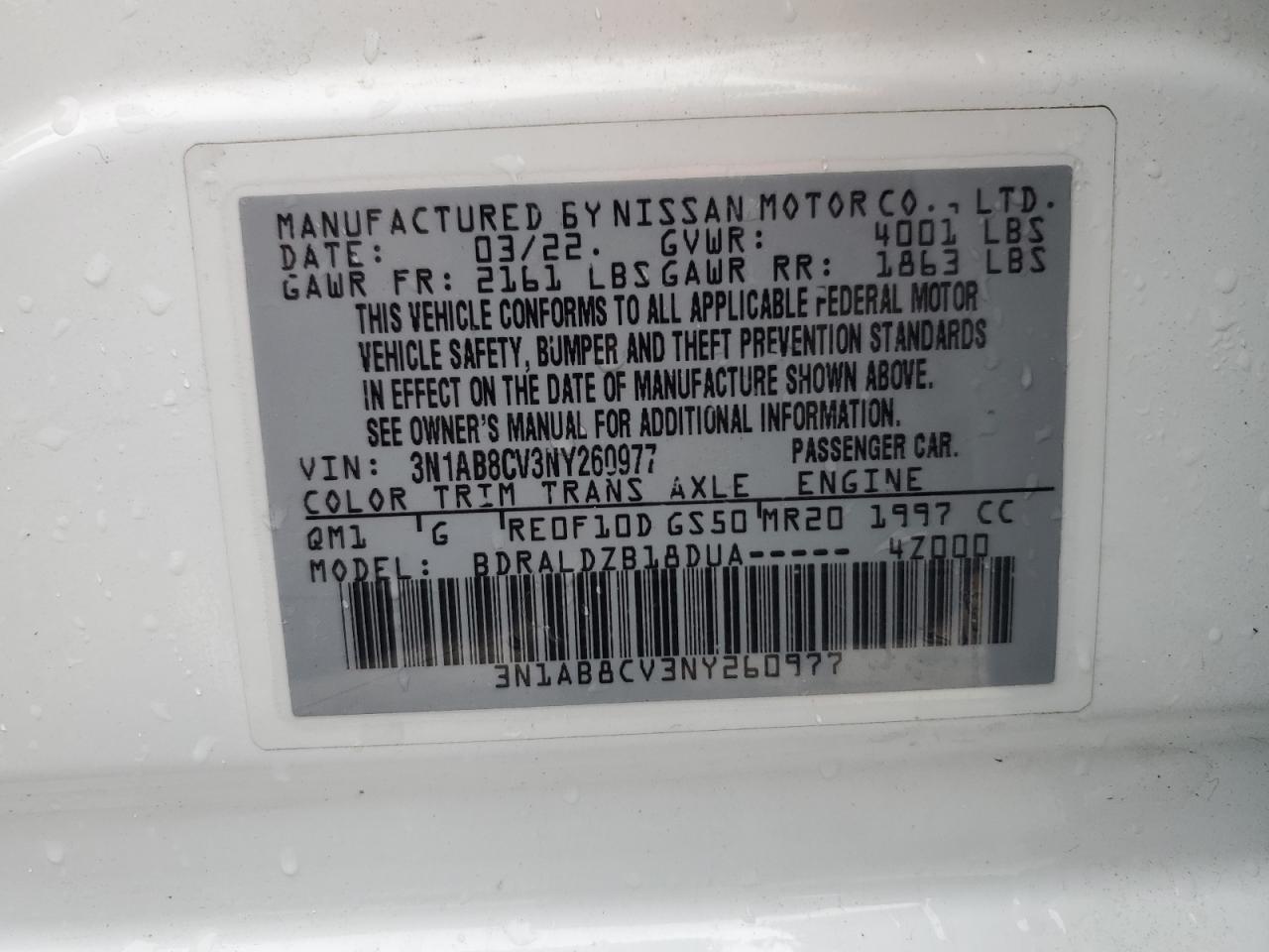 2022 NISSAN SENTRA SV VIN:3N1AB8CV3NY260977