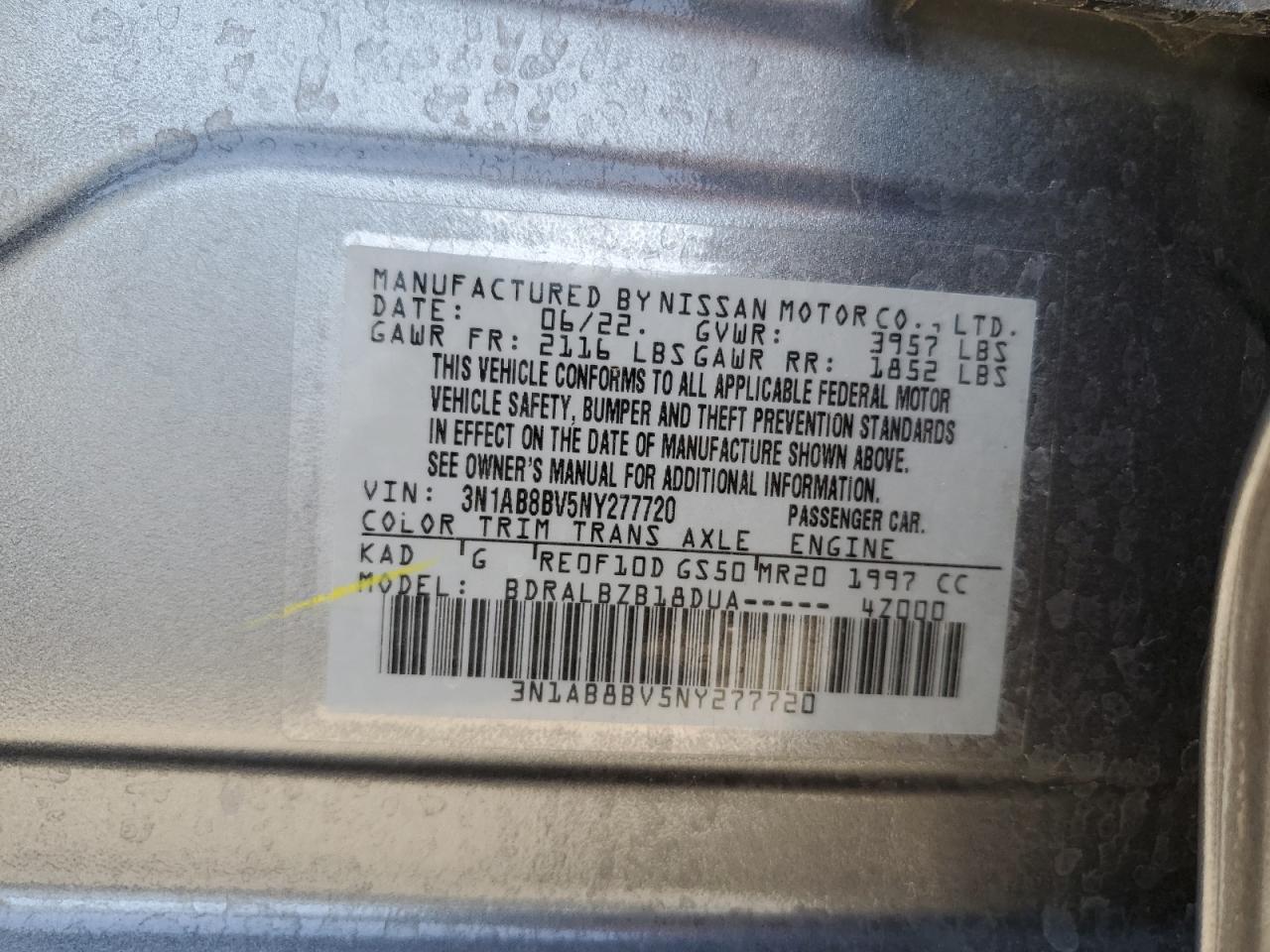 2022 NISSAN SENTRA S VIN:3N1AB8BV5NY277720