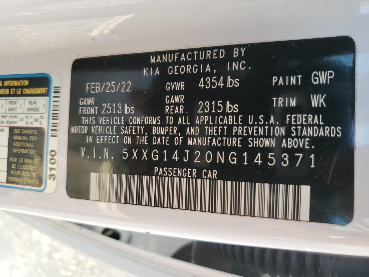 2022 KIA K5 LXS VIN:5XXG14J20NG145371
