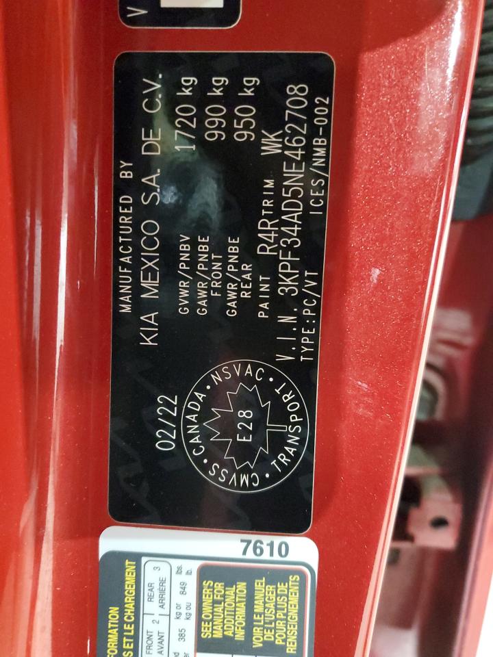 2022 KIA FORTE GT LINE VIN:3KPF34AD5NE462708