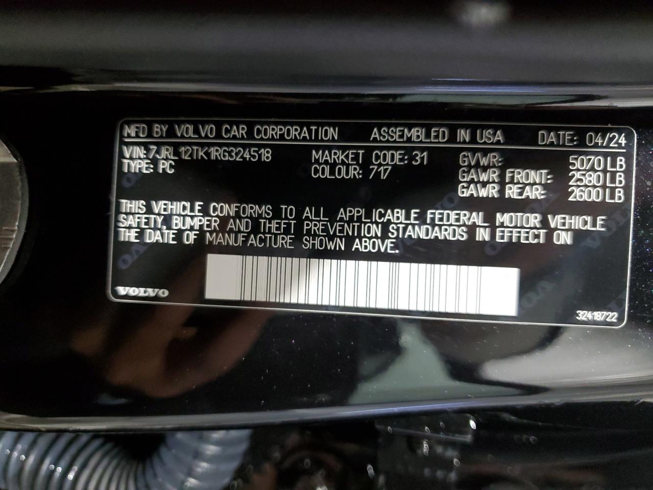 2024 VOLVO S60 CORE VIN:7JRL12TK1RG324518
