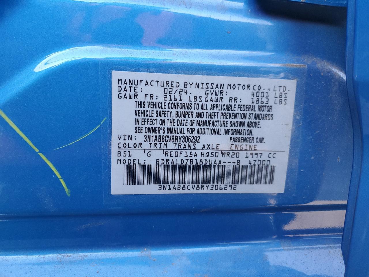 2024 NISSAN SENTRA SV VIN:3N1AB8CV8RY306292