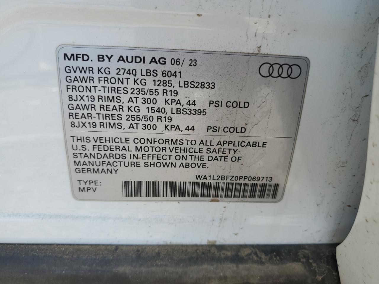 2023 AUDI Q4 E-TRON PREMIUM PLUS VIN:WA1L2BFZ0PP069713