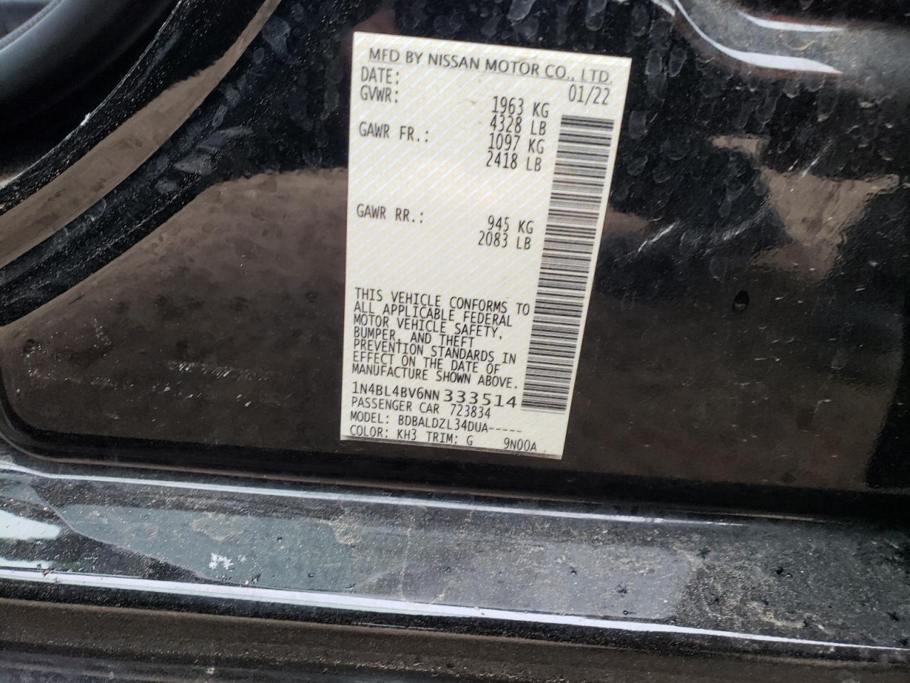 2022 NISSAN ALTIMA S VIN:1N4BL4BV6NN333514