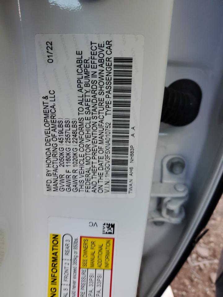 2022 HONDA ACCORD HYBRID EXL VIN:1HGCV3F5XNA010752