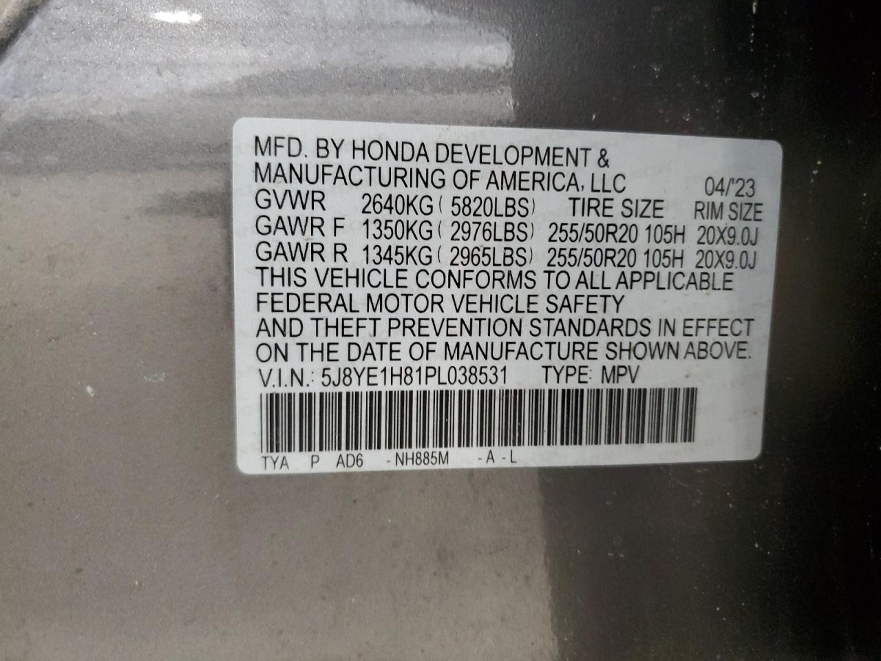 2023 ACURA MDX ADVANCE VIN:5J8YE1H81PL038531