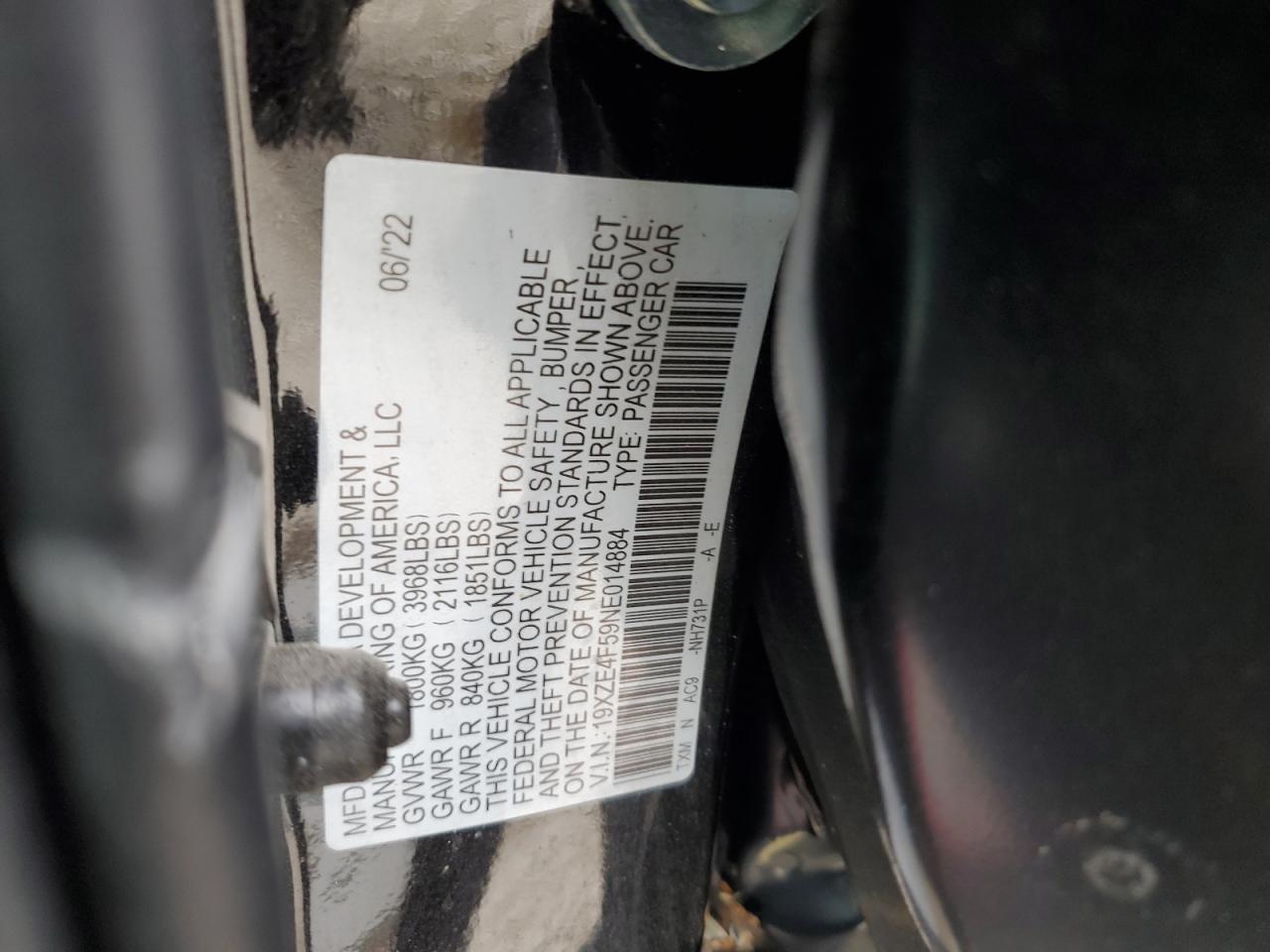 2022 HONDA INSIGHT EX VIN:19XZE4F59NE014884