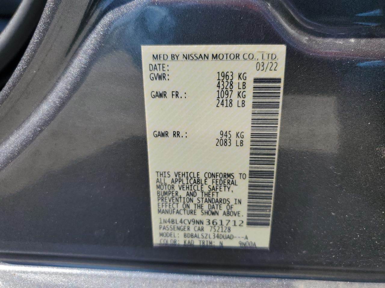 2022 NISSAN ALTIMA SR VIN:1N4BL4CV9NN361712