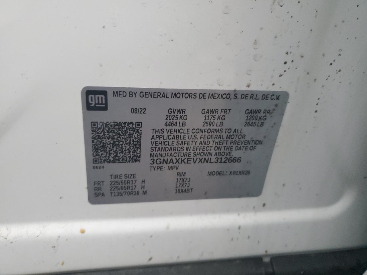 2022 CHEVROLET EQUINOX LT VIN:3GNAXKEVXNL312666