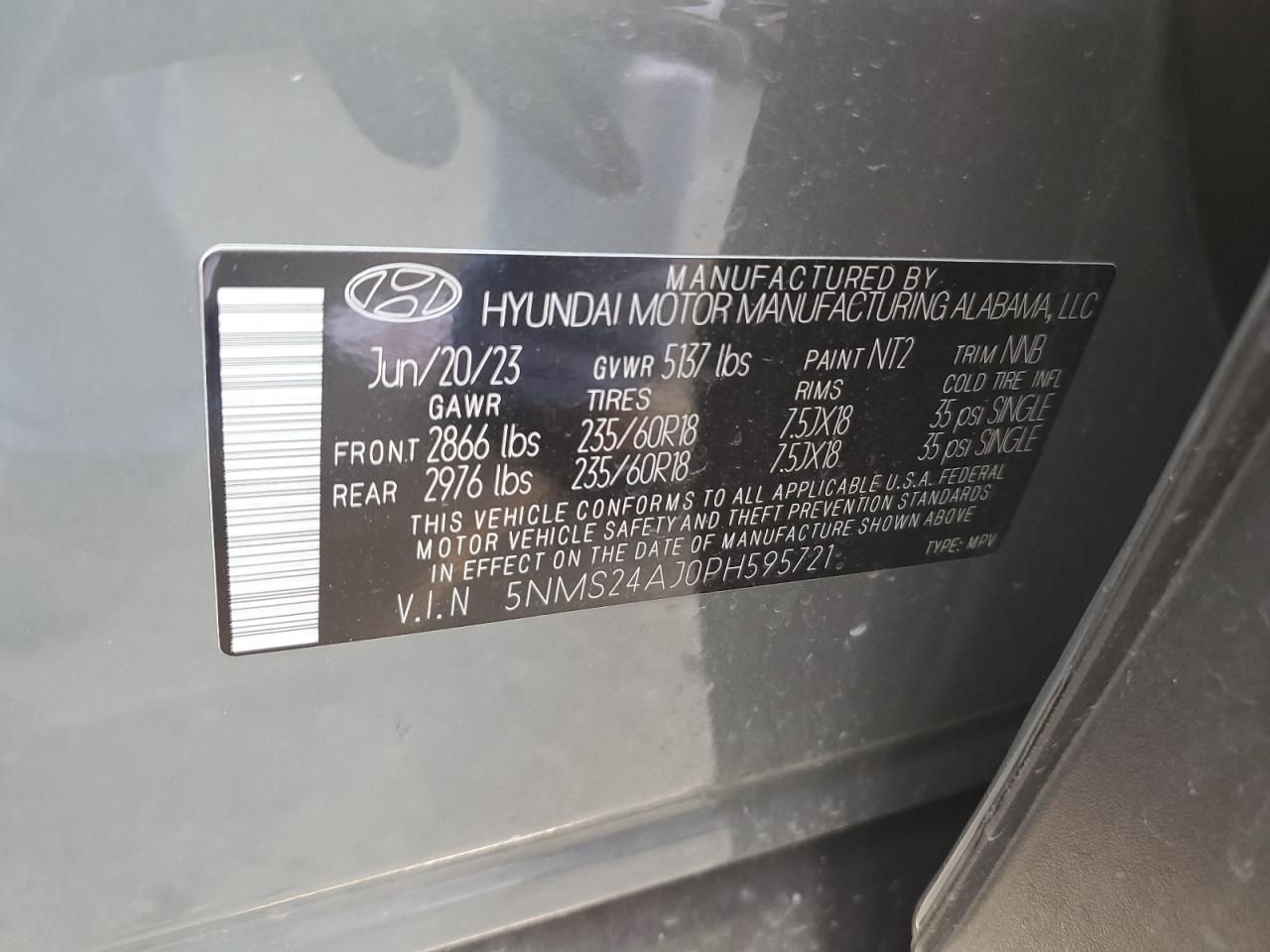 2023 HYUNDAI SANTA FE SEL VIN:5NMS24AJ0PH595721