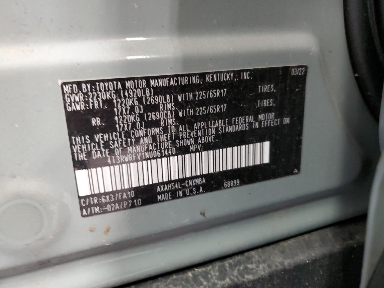 2022 TOYOTA RAV4 XLE VIN:4T3RWRFV1NU061440