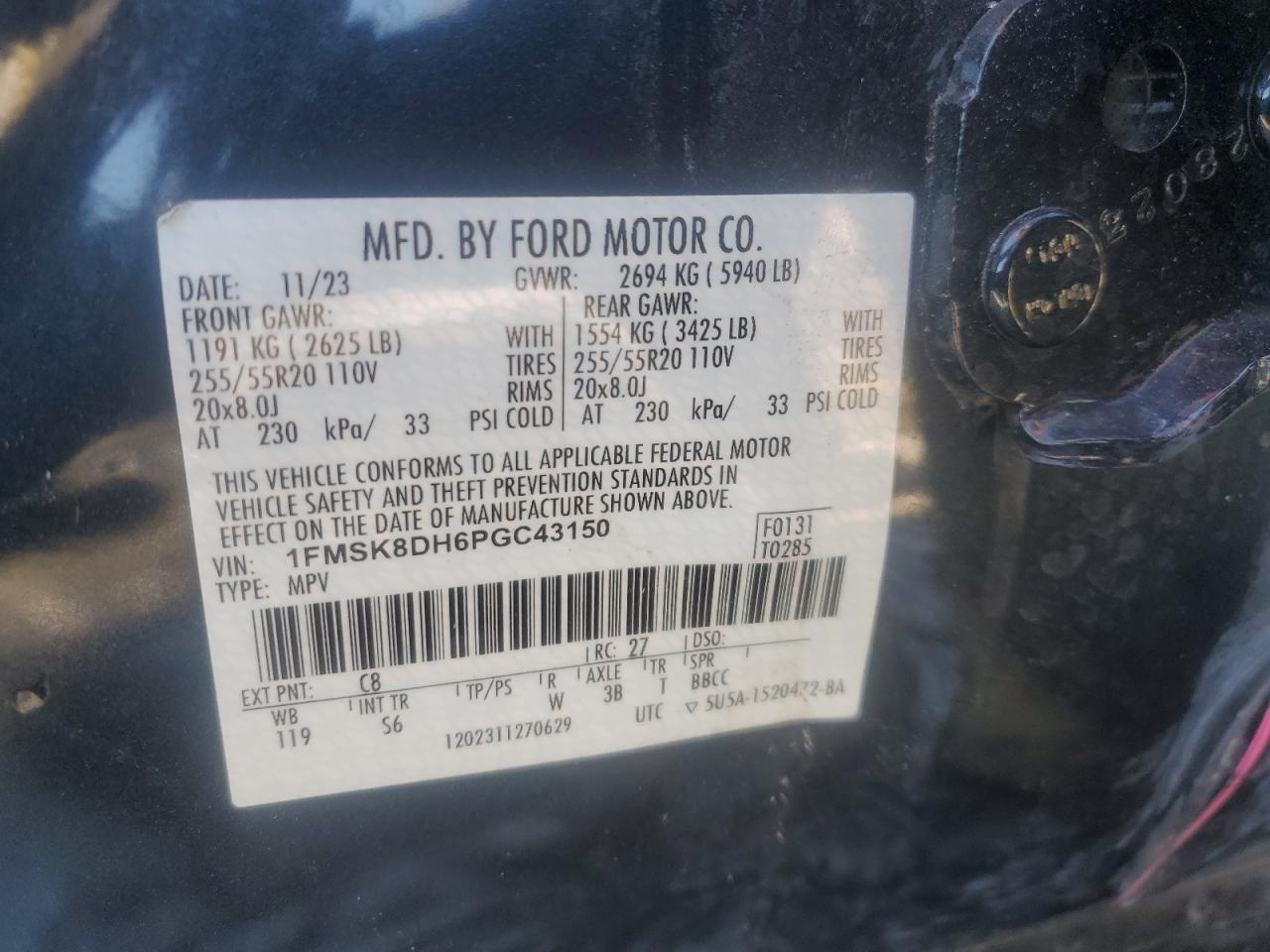 2023 FORD EXPLORER XLT VIN:1FMSK8DH6PGC43150