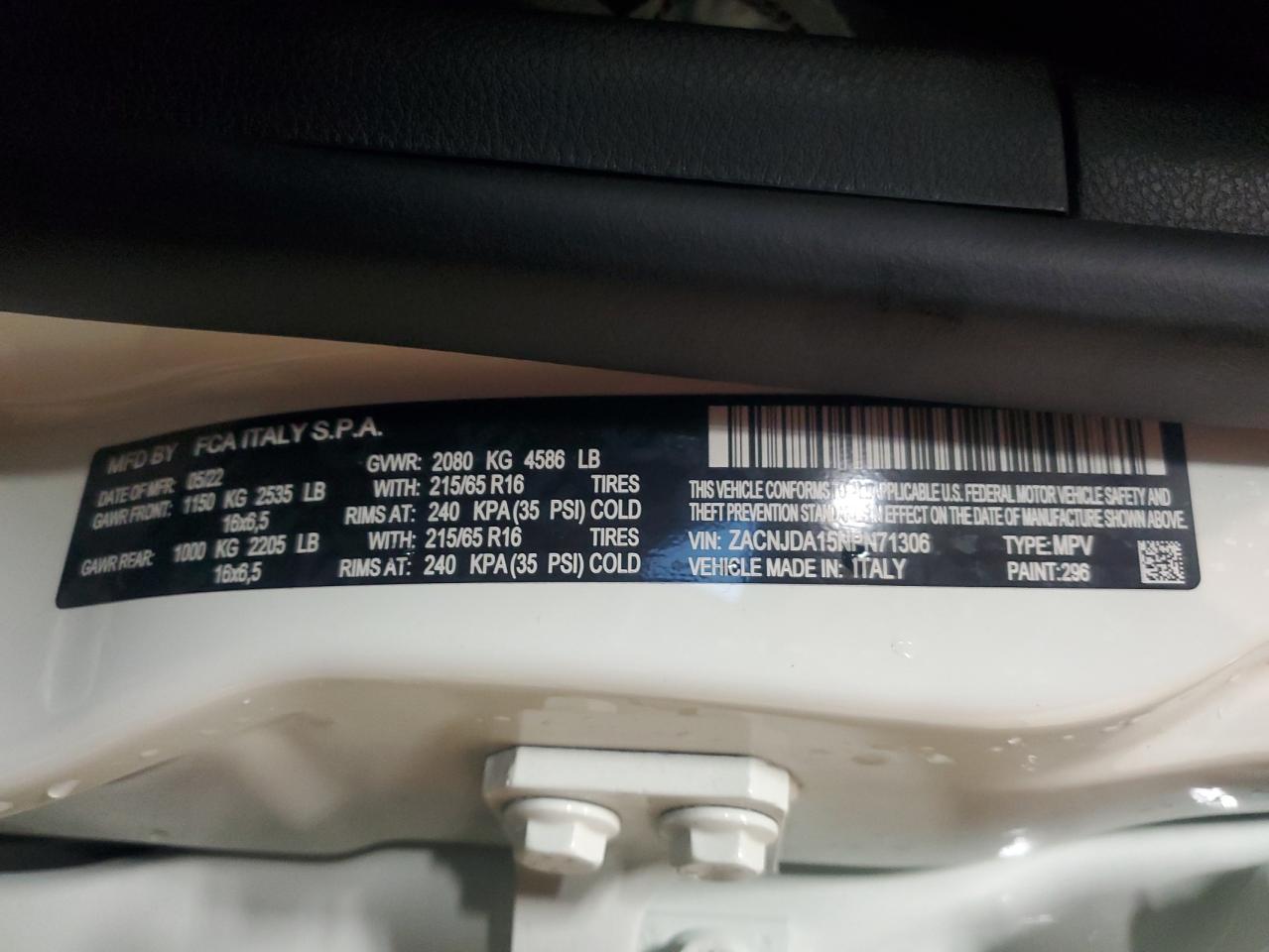 2022 JEEP RENEGADE SPORT VIN:ZACNJDA15NPN71306
