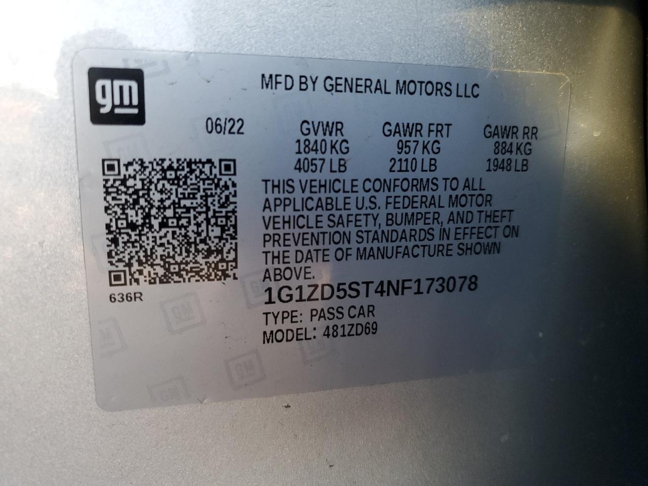 2022 CHEVROLET MALIBU LT VIN:1G1ZD5ST4NF173078