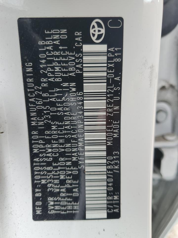 2022 TOYOTA COROLLA LE VIN:5YFEPMAE0NP343486