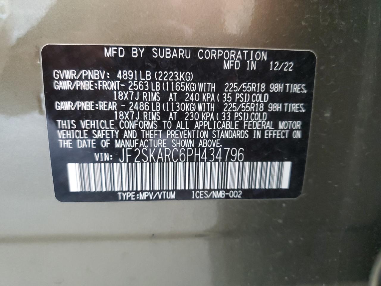 2023 SUBARU FORESTER TOURING VIN:JF2SKARC6PH434796