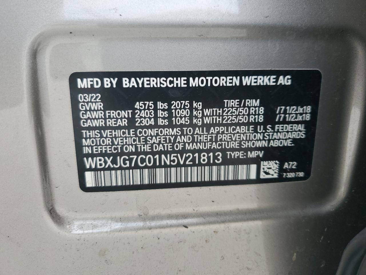 2022 BMW X1 SDRIVE28I VIN:WBXJG7C01N5V21813