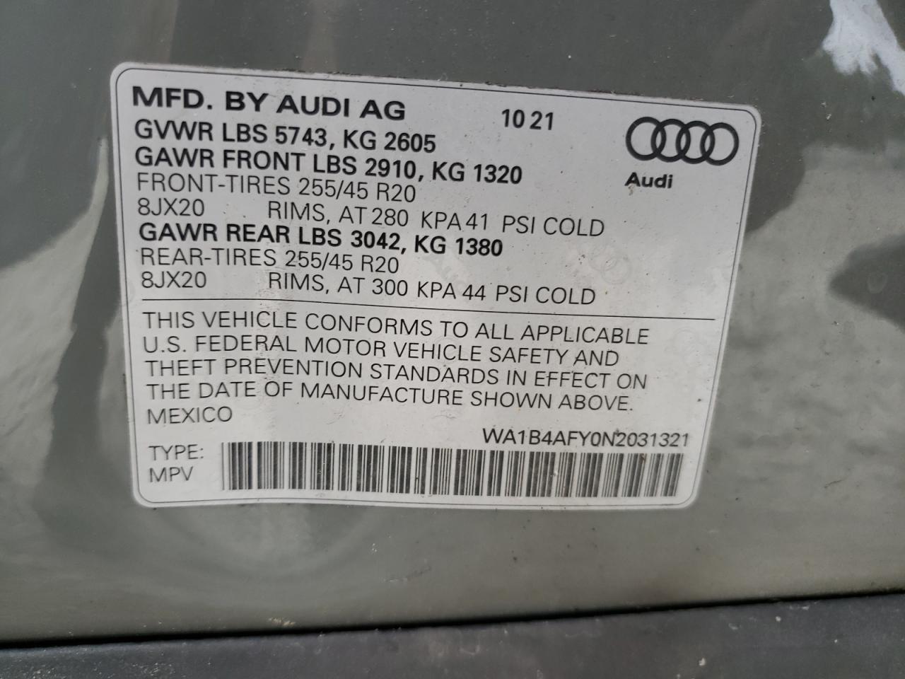 2022 AUDI SQ5 PREMIUM PLUS VIN:WA1B4AFY0N2031321