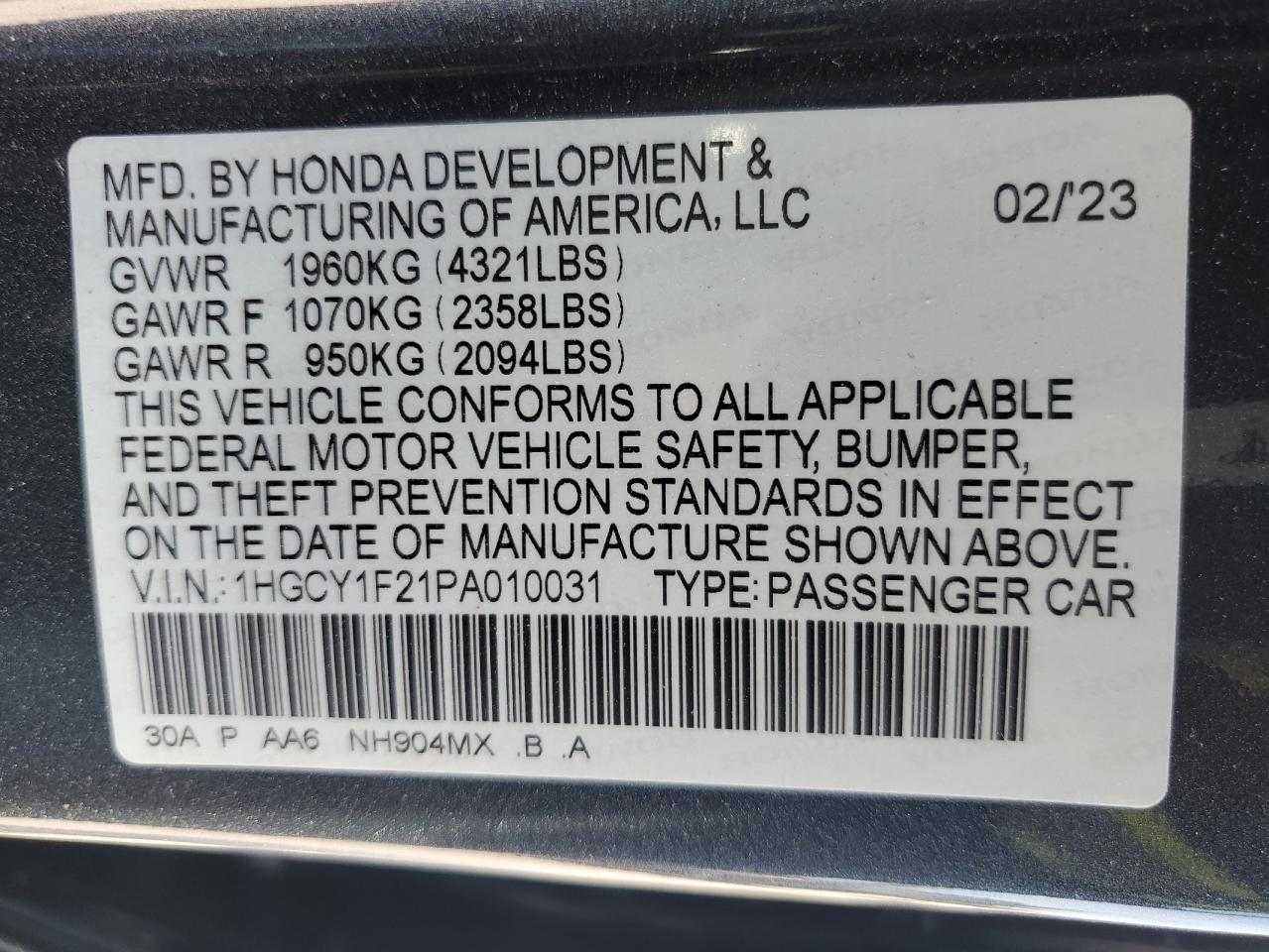 2023 HONDA ACCORD LX VIN:1HGCY1F21PA010031