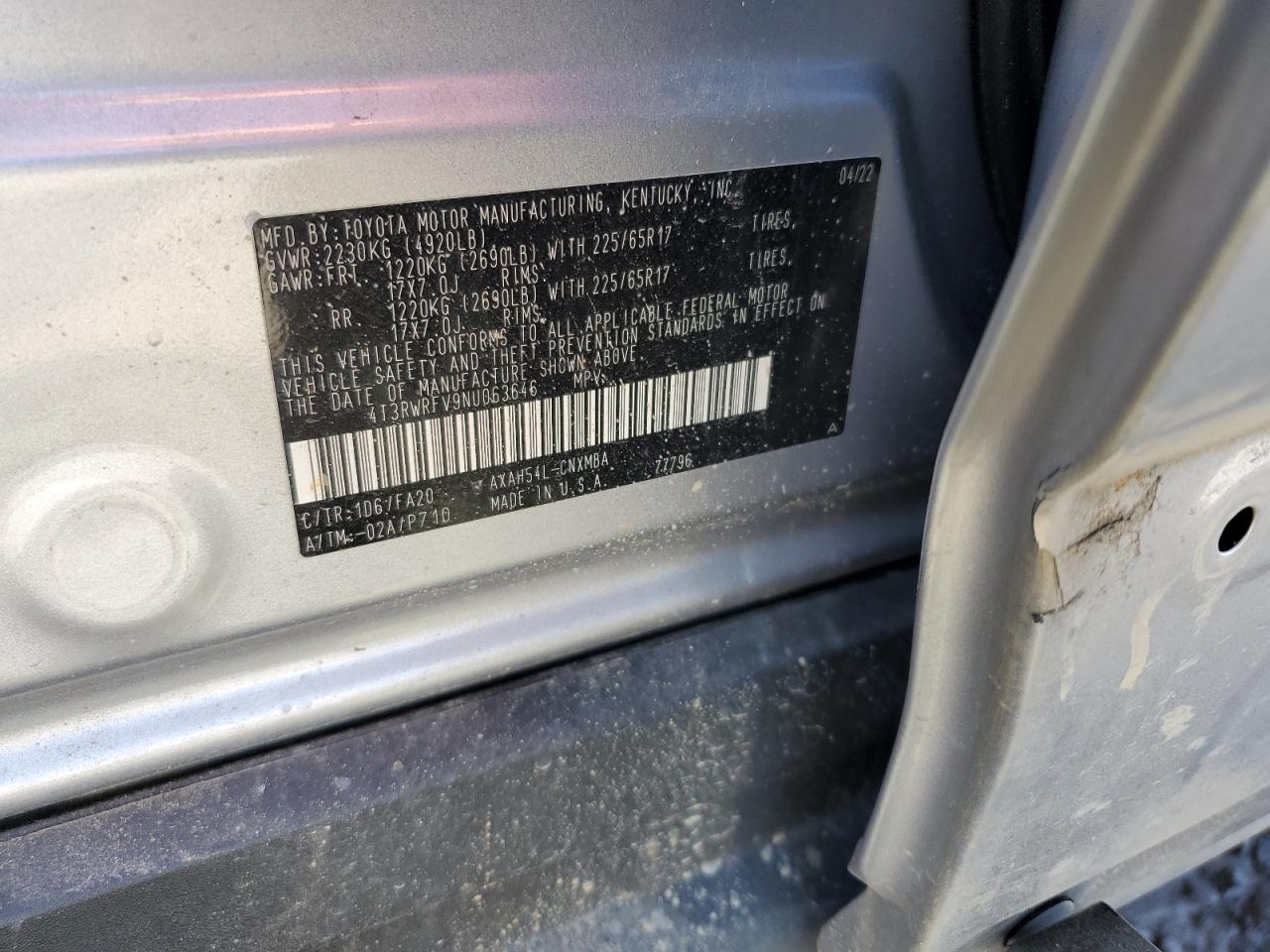 2022 TOYOTA RAV4 XLE VIN:4T3RWRFV9NU063646