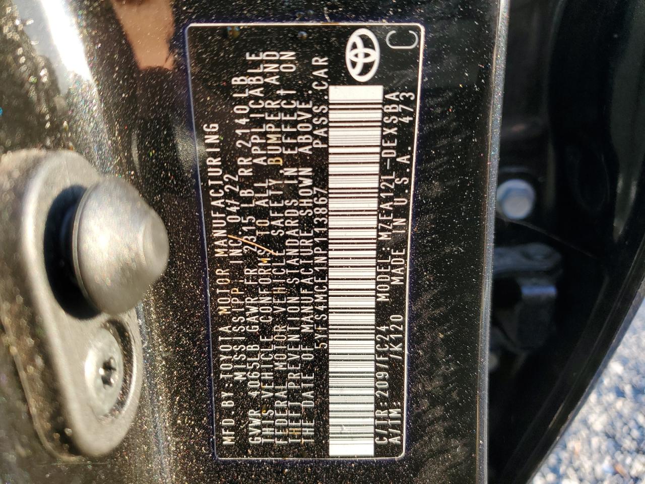 2022 TOYOTA COROLLA SE VIN:5YFS4MCE1NP113867