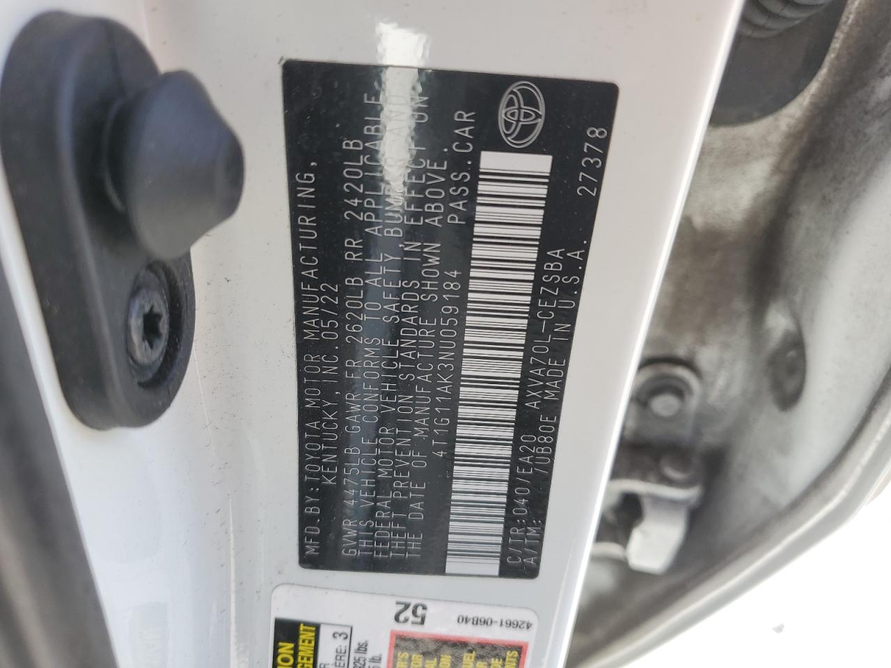 2022 TOYOTA CAMRY SE VIN:4T1G11AK3NU059184