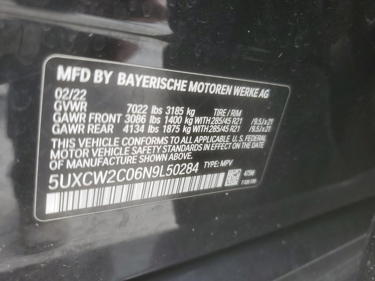 2022 BMW X7 XDRIVE40I VIN:5UXCW2C06N9L50284