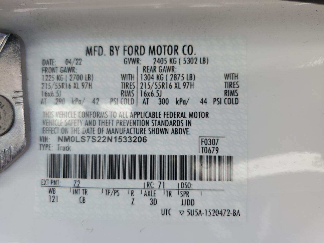 2022 FORD TRANSIT CONNECT XL VIN:NM0LS7S22N1533206